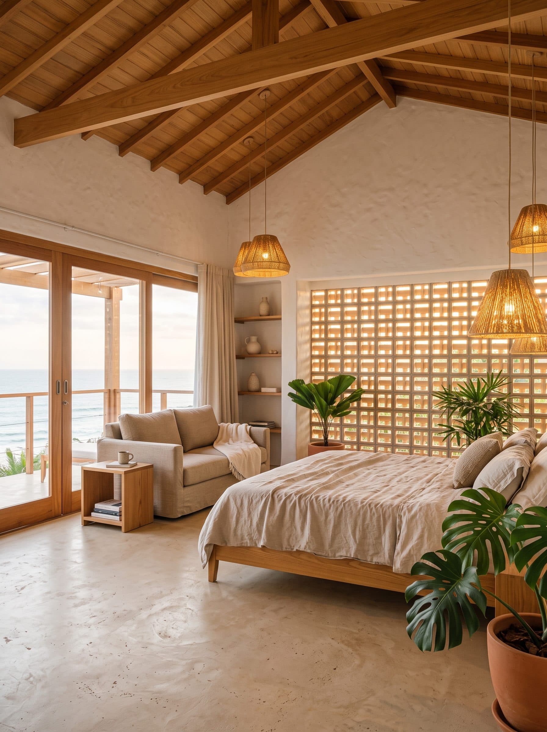 Loft com teto de madeira alto, cama king, luminárias de palha e janelas para o mar