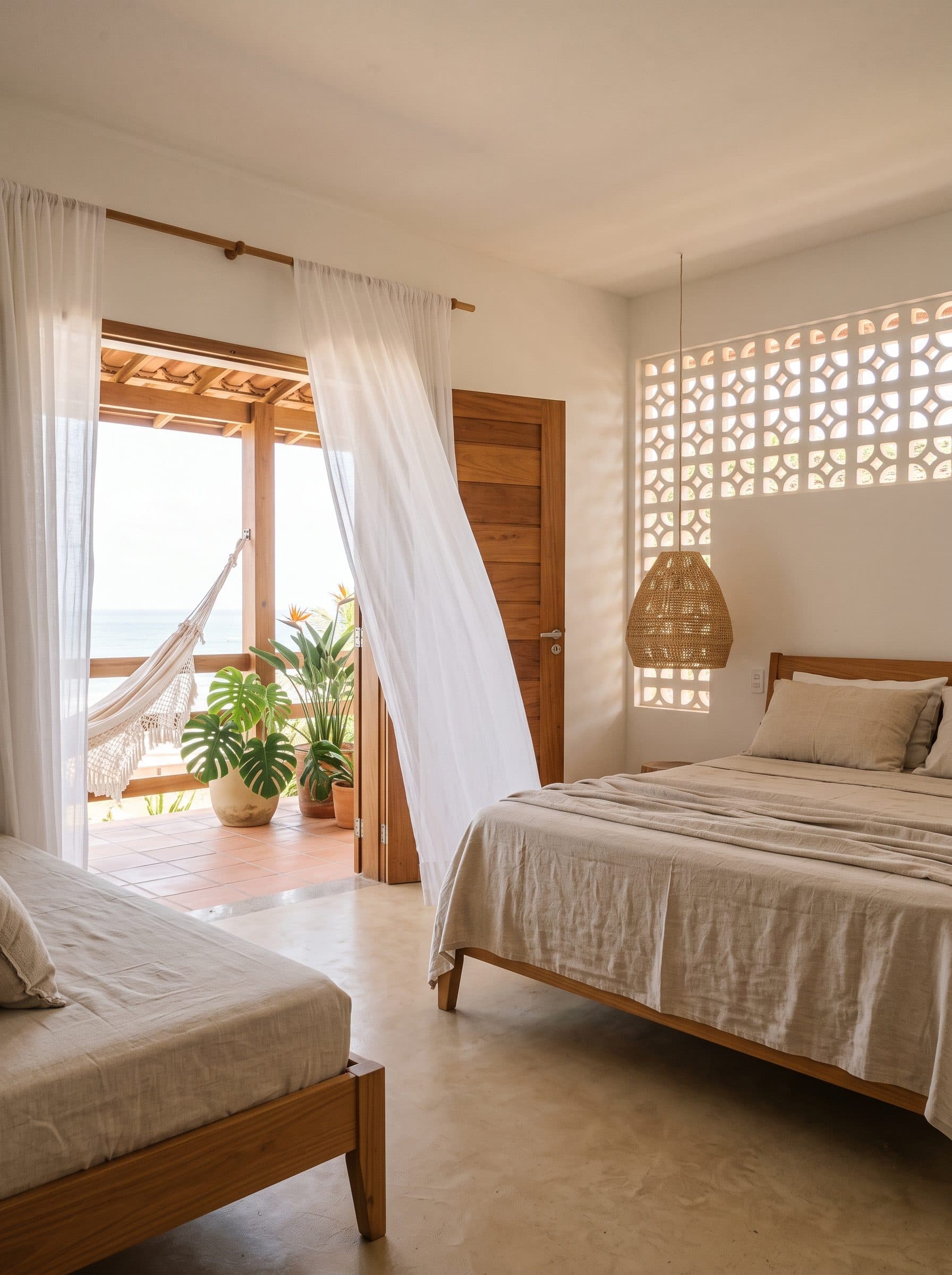 Quarto claro com cama queen, cama de solteiro e cortinas de linho abertas para a varanda