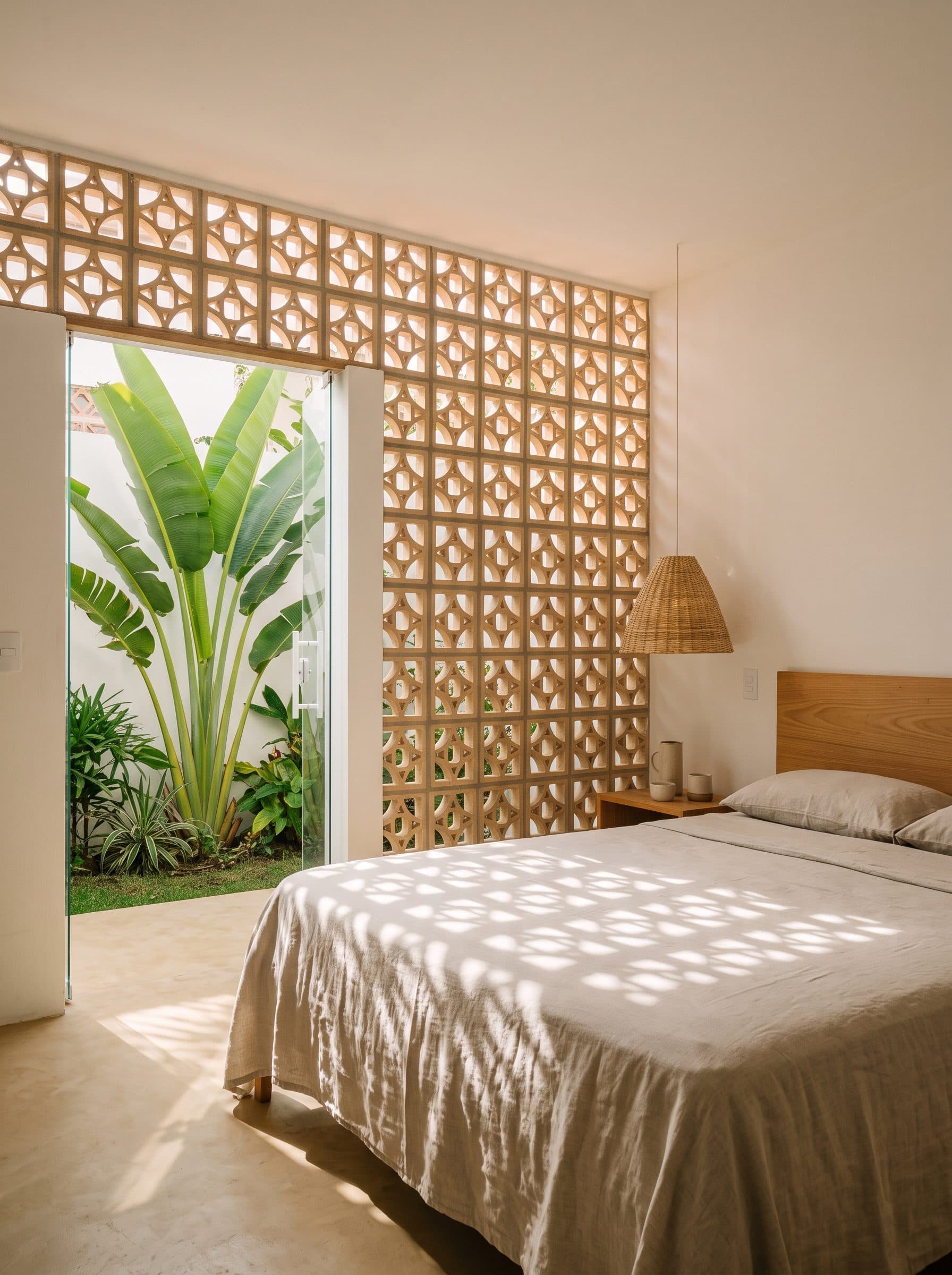 Cama queen com roupa de cama de linho, parede de cobogó e porta de vidro para o jardim
