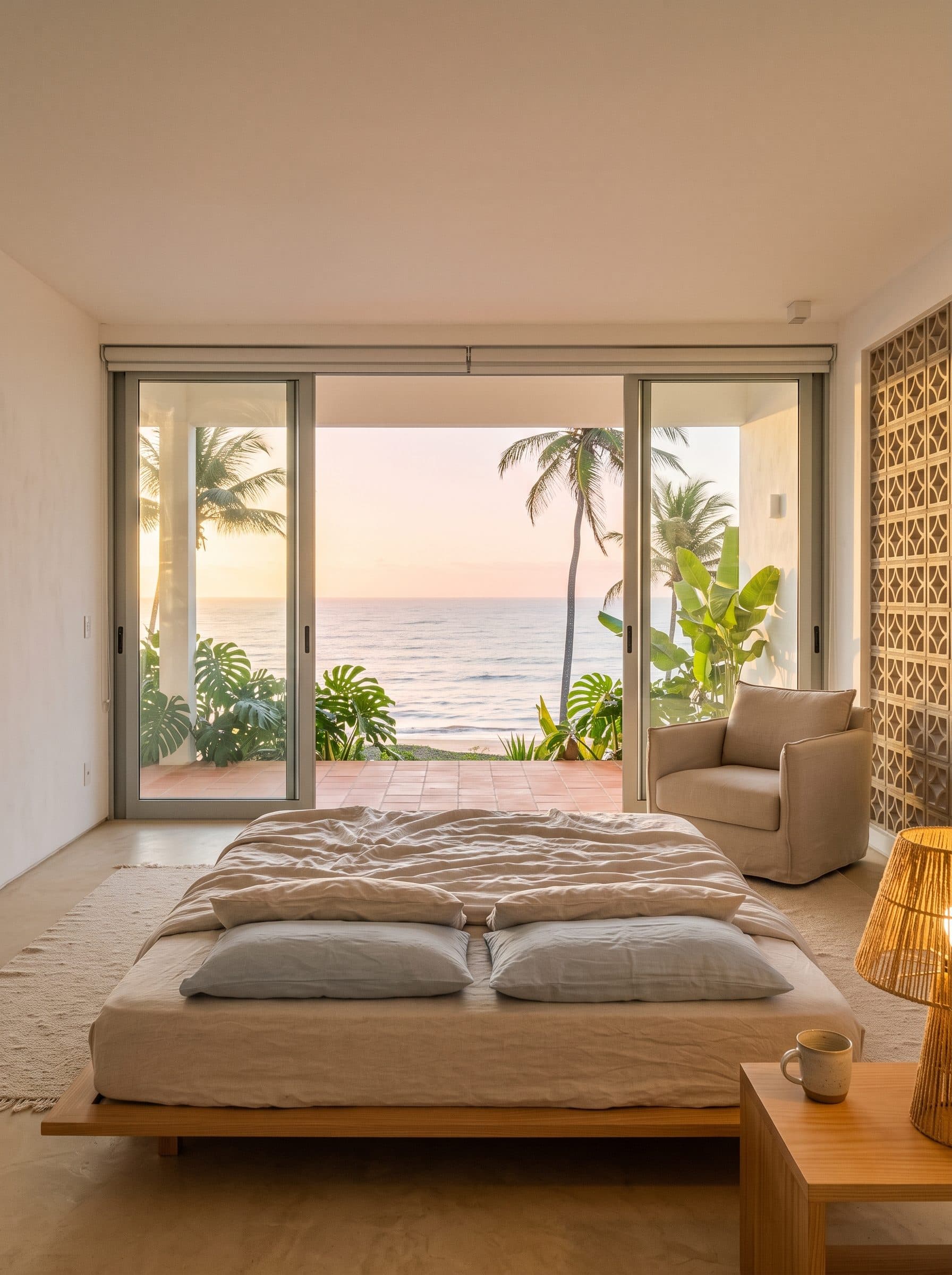 Cama king de frente para portas de vidro que abrem para o mar ao amanhecer