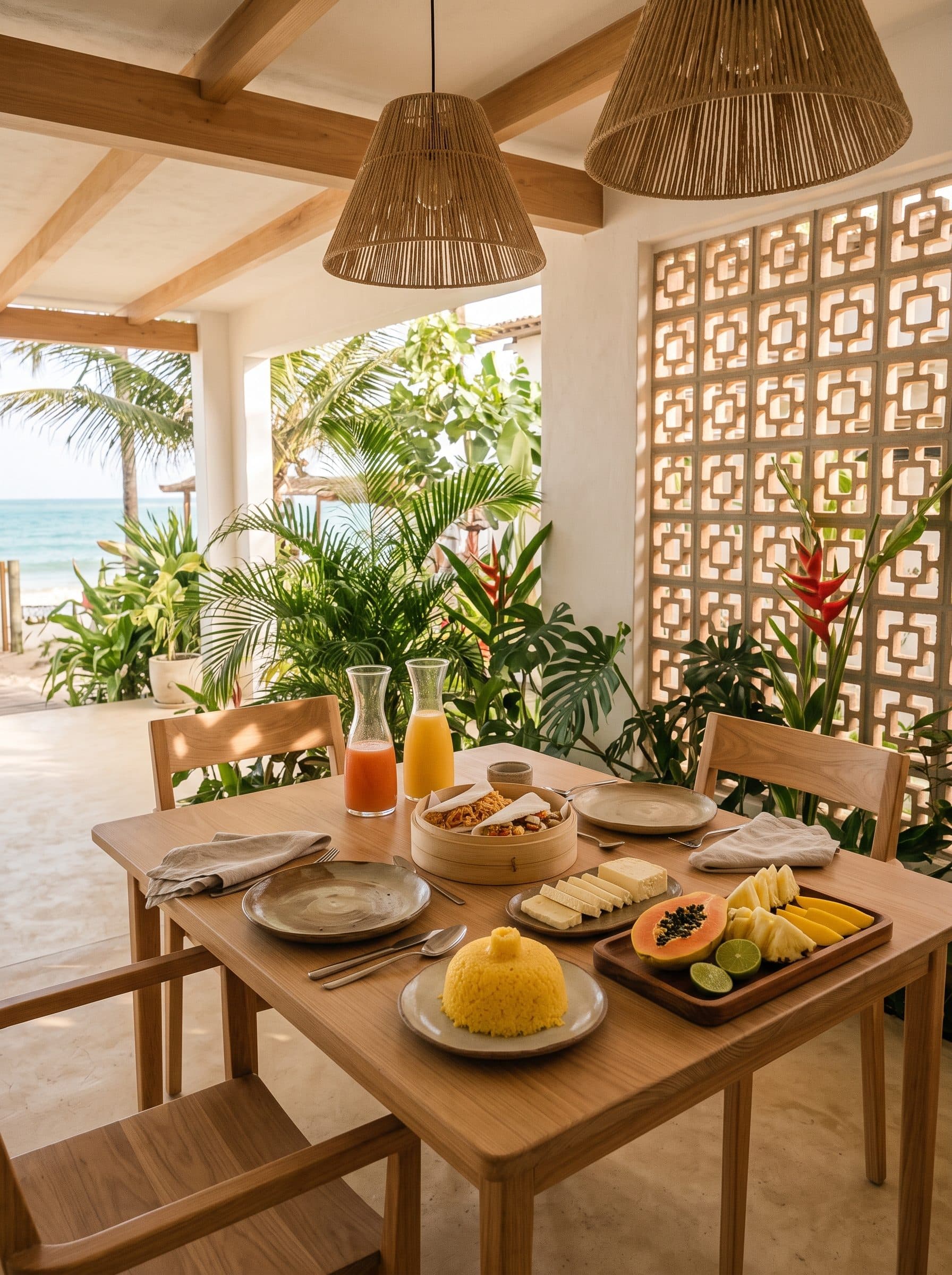 Mesa de café da manhã regional na varanda, com vista para o mar