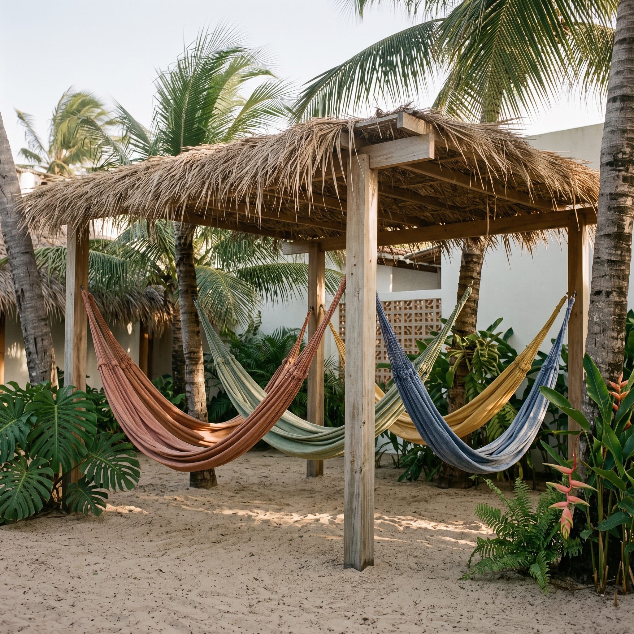 Redário com quatro redes coloridas sob uma pérgola de palha