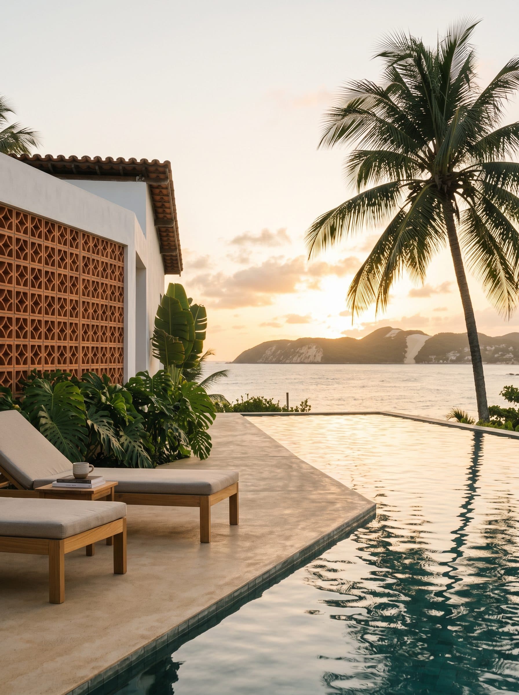 Piscina de borda infinita ao pôr do sol, com espreguiçadeiras, coqueiros e o mar ao fundo