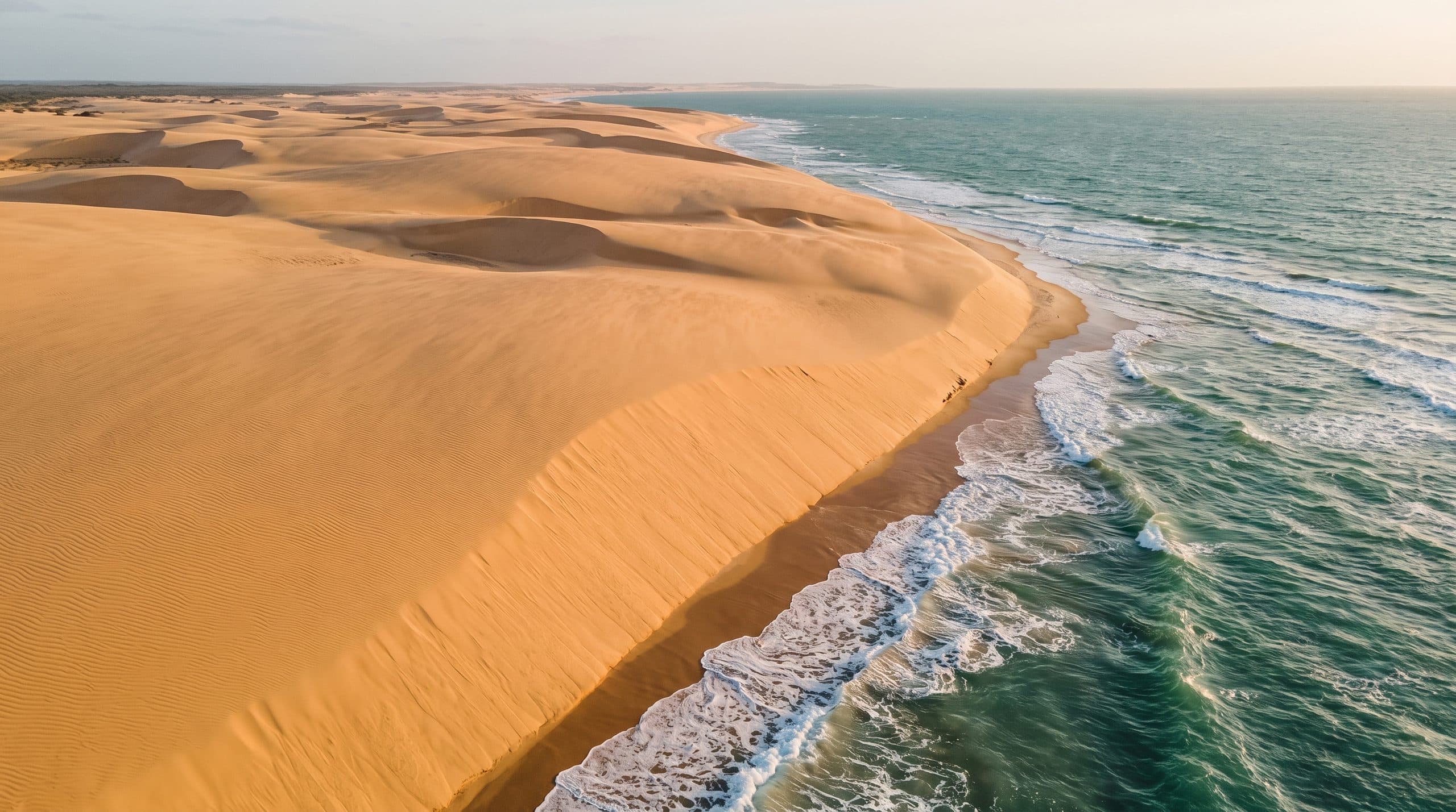 Vista aérea de dunas douradas encontrando o mar verde-azulado