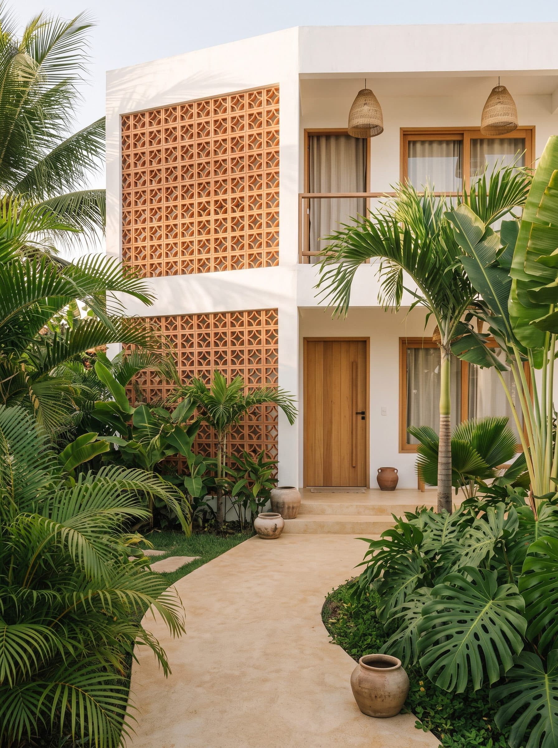 Fachada branca de dois andares com cobogós de cerâmica, porta de madeira e jardim tropical